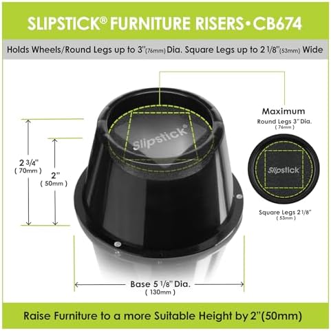 Slipstick CB672 Premium 3 Inch Bed Risers/Furniture Raisers with Steel Reinforced Caster Wheel Holder Top, Lifts Height 3" (4 Pack) Supports 2