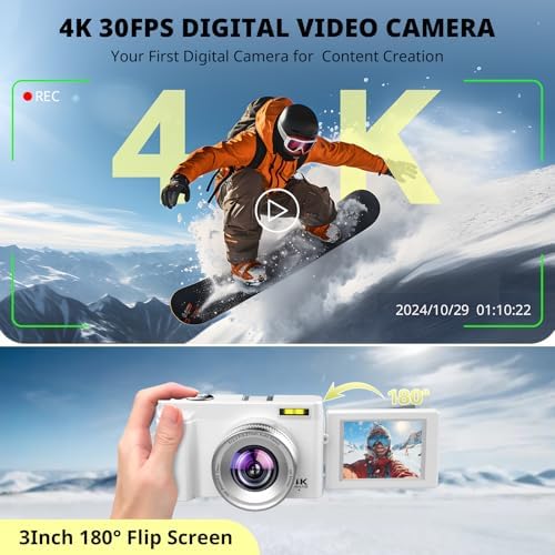 4K Digital Camera for Photography Autofocus, 2026 Latest 48MP Vlogging Camera for YouTube with SD Card, 2 Batteries, 3" 180°Flip Screen Compact Travel Camera for Teens with 16X Zoom,Black