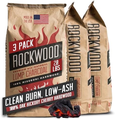 Rockwood Natural Lump Charcoal – Hardwood Lump Charcoal - 20 lbs, 1 Pack | Hardwood Lump Charcoal with Blend of Oak, Hickory & Cherry - Clean Burn, High Heat Grilling & Smoking - For Kettle & Kamado