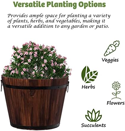 Rustic Wooden Whiskey Barrel Planter with Durable Medal Handles and Drainage Hole - Perfect for Indoor and Outdoor Plants, Herbs, and Vegetables - Medium