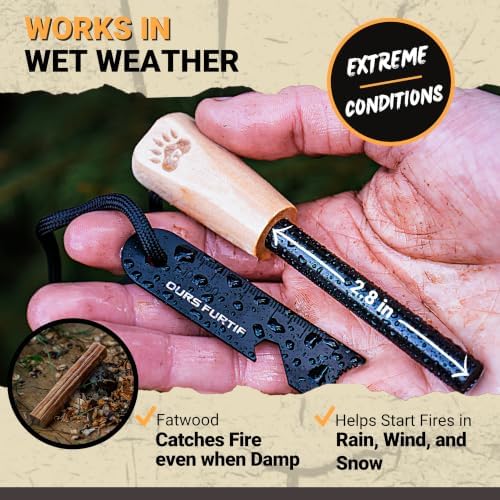 Ferro Rod Fire Starter Kit with Fatwood Tinder Stick - 3/8" Thick Ferrocerium Flint and Steel Fire Starter