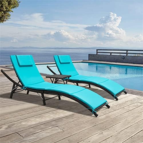 GUNJI Lounge Chairs for Outside 3 Pieces Patio Adjustable Chaise Lounge Outdoor Wicker Lounge Chairs Set of 2 with Table Folding Chaise Lounger for