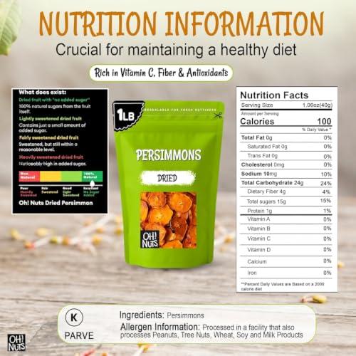 Oh! Nuts Dried Persimmon Slices No Sugar Added Dehydrated Fruit 1lb | Dried persimmons no sugar added - Dehydrated fruit slices - Persimmon fruit