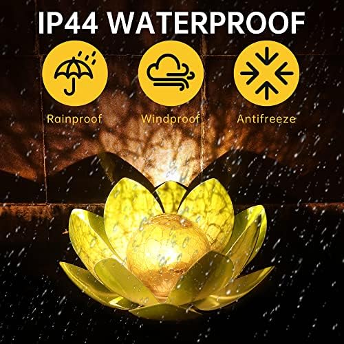 Outdoor Solar Lights, Garden Decor, Crackle Glass Globe, Waterproof Metal Lotus Flower Light for Patio, Lawn, Walkway, Tabletop, Ground