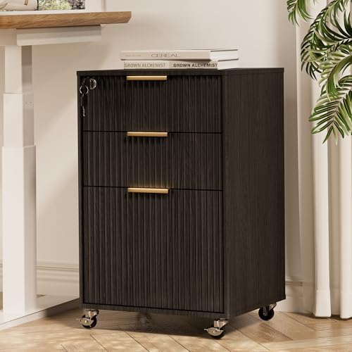 3 Drawers Fluted Mobile File Cabinet with Lock, Rolling File Cabinet Printer Stand Table, Under Desk Wooden Filing Cabinets for Home Office Essentials Storage Organization Furniture Letters/A4(Oak)