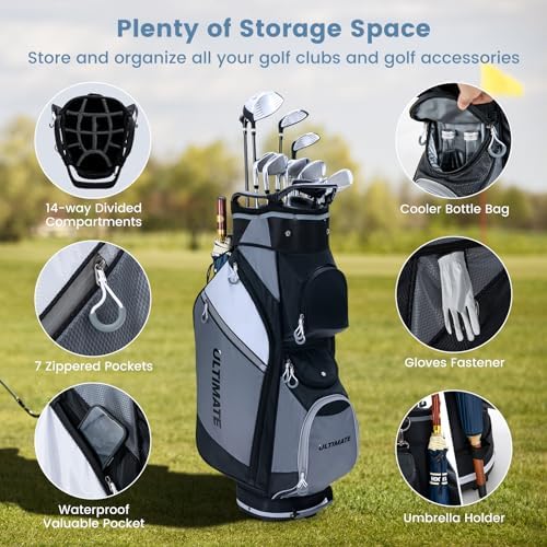 ULTIMATE Golf Cart Bag w/14 Way Top Dividers, Lightweight Golf Stand Bag w/Rain Hood & 7 Zippered Pockets Including a Cooler Pocket, Umbrella Holder