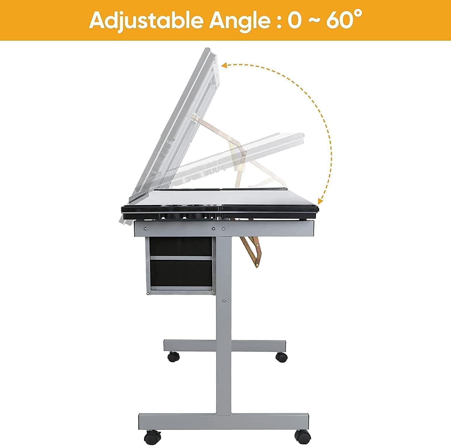 Adjustable Drafting Table Drawing Desk Art Craft Station Drafting Desk Glass Tabletop w/2 Slide Drawers and Wheels for Drawing, Sketching, Reading