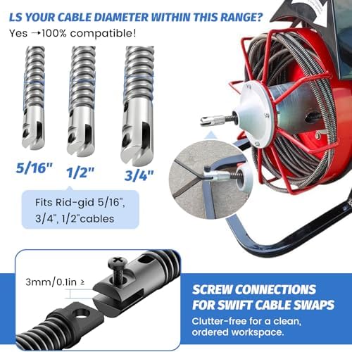 9-Piece Drain Snake Drill Attachment Kit, Drain Auger Replacement Heads with Hex Wrench for 5/16in-3/4in Cable, Fits 50ft-100ft Machines