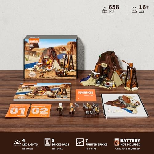 Lumibricks Wild West Gold Mine Lighting Building-Bricks Set - Western Prospector’s Dig Entrance 658 Pcs Mining Playset for Adults and West Lovers