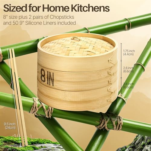 Flexzion Bamboo Steamer Basket Set (8 inch), 50 x Steamer Liners and 2 Pairs of Chopsticks, Steam Baskets for DimSum Dumplings, Rice, Vegetables