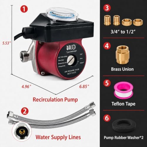 BACOENG Hot Water Recirculating Pump, Stainless Steel Head, Circulation Pump NPT 3/4", 3-Speed Control, Circulating Pump for Water Heater System