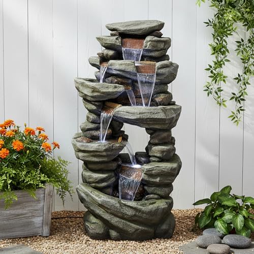 SunJet 40.5” High Rocks Outdoor Water Fountain - 6-Tiers Cascading Waterfall with LED Lights, Soothing Tranquility for Home Garden, Yard Decor