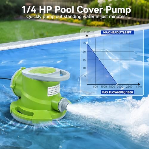 1/4 HP Automatic Swimming Pool Cover Pump, Submersible Sump Pump | 1800 GPH 25FT Head Submersible Sump Pump with 3/4” Check Valve Adapter