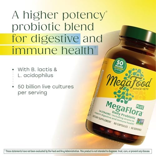 MegaFood MegaFlora Probiotic Plus, 50 Billion Live Cultures, 60 Capsules | Daily Probiotics for Women and Men, Supports Digestive Health, Immune Support Supplement, 14 Strains, Vegetarian, 60 Servings