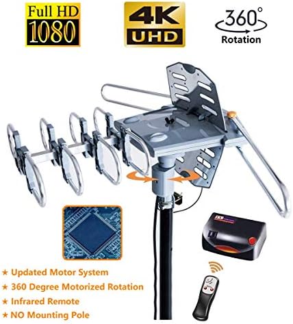 Amplified Digital Outdoor HDTV Antenna 150 Miles Long Range - 360 Degree Rotation Infrared Control - Tools Free Installation - Support 2 TVs