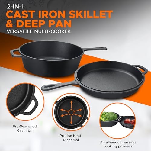 KICHLY Combo Cooker Cast Iron Dutch Oven with Lid 2 in1, PFAS Free Pre-seasoned Multi Cookware Skillet