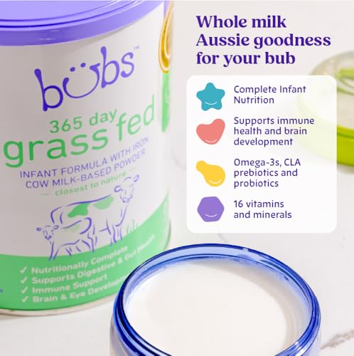 Bubs 365 Day Grass Fed Infant Formula for 0-12 Months, Non-GMO Milk, 20oz | Cow Milk-Based Powder with Iron, DHA, Prebiotics & Probiotics to Support Gentle, Digestive Health