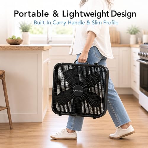Comfort Zone Box Fan with Carry Handle, 20 inch, 3 Speed Full-Force Air Circulation Window Fan, Bedroom Floor Fan with 5 Blades, White Noise Cooling Fan, White