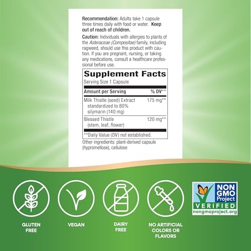 Nature's Way Milk Thistle Capsules, Supports Liver Function*, Vegan, 60 ct | Supports Liver Function & Liver Detox Pathways*, 175 mg Milk Thistle Seed Extract Standardized to 80% Silymarin per Serving