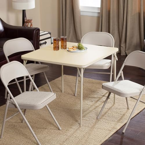 Sudden Comfort 34 by 34 Inch Portable EZ Slide Leg Lock Square Metal Padded Vinyl Top Folding Dining Card Table in Buff Tan
