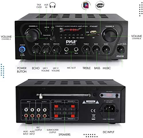 Pyle 2-Channel Bluetooth Home Stereo Amplifier - 250W Wireless Audio Receiver, Karaoke Optimized: Dual Mic In with Echo, Mic Talk-Over, FM Radio