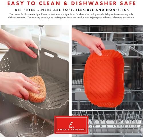 Reusable Silicone Air Fryer Liners for Emeril Lagasse Air Fryer Oven – Non-Stick Reusable Air Fryer Basket Liners – Dishwasher Safe – 9 x 7 x 3 Inch – 2 Pack – Black