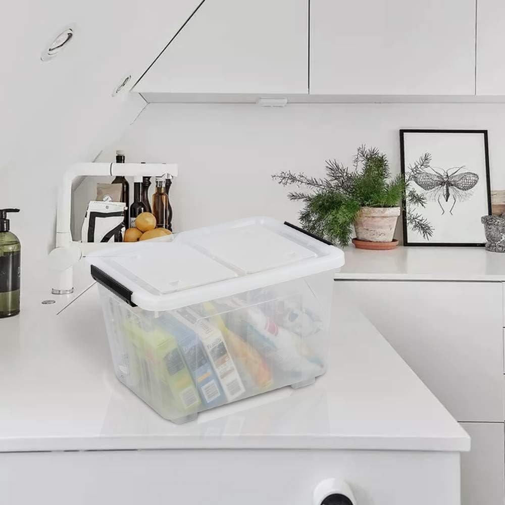 Clear Plastic Storage Bins with Wheels, 4-Pack Latch Boxes, 30 L