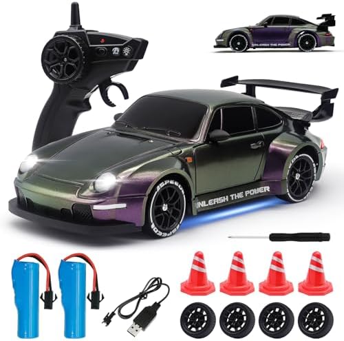 RC Drift Car,1:24 Scale Remote Control Car, 2.4GHz 20KM/H 4WD High Speed RC Cars for Kids with LED Light, Two Batteries,Drifting Tires,Racing Vehicle Toy for Adults Boys Girls Gray