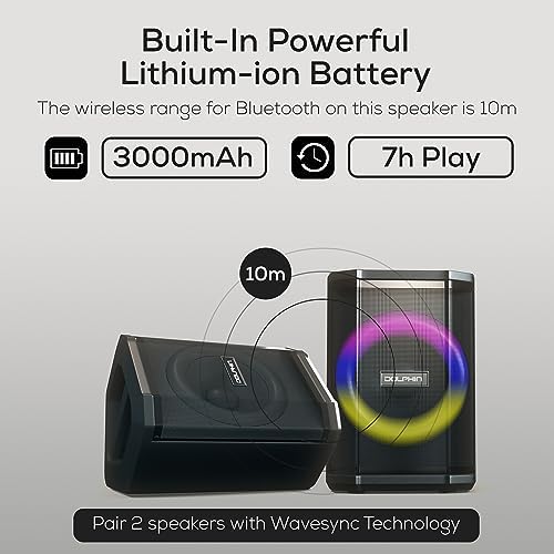 Dolphin Bluetooth Party Speaker with Wireless Microphone, 8" Woofer | 40W RMS, Tiltable Design, WaveSync TWS, LED Ring Light, USB/TF/AUX/FM