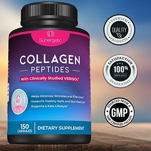 Sunergetic Premium Collagen Peptides Capsules – 2500 mg of VERISOL Collagen Peptides Type 1 & Type 3 – Multi Collagen Supplement to Support