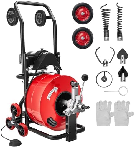 VEVOR Drain Cleaner Machine 100 FT x 3/4 Inch, Auto Feed Sewer Snake Auger, Portable Drain Cleaning Machine with Multi-Wheel Combination, 6 Cutters & Air-Activated Foot Switch for 4" to 8" Pipes