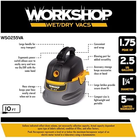 WORKSHOP Wet/Dry Vacs WS0255VA 2.5-Gallon 1.75 Peak HP Shop Vacuum Cleaner