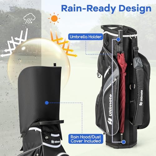 ULTIMATE Golf Cart Bag with 14-Way Top Dividers, Golf Club Bag w/ 9 Pockets incl. Cooler Bag, Rain Hood/Dust Cover, Detachable Shoulder Strap & Carry Handles, Lightweight for Men & Women