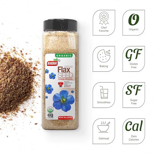Badia Organic Ground Flax Seed, 16 oz – Fiber & Omega-3 Non-GMO Superfood | Organic ground flax seed with naturally occurring fiber and omega-3, ideal for smoothies, baking, oatmeal, yogurt, & recipes