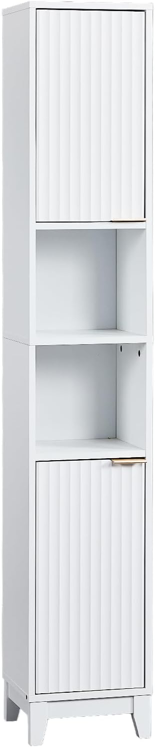 VINGLI White Fluted Tall Narrow Bathroom Cabinet, 67" Slim Freestanding Storage Cabinet for Small Spaces, Wood Linen Tower Floor Cabinet with 2 Doors