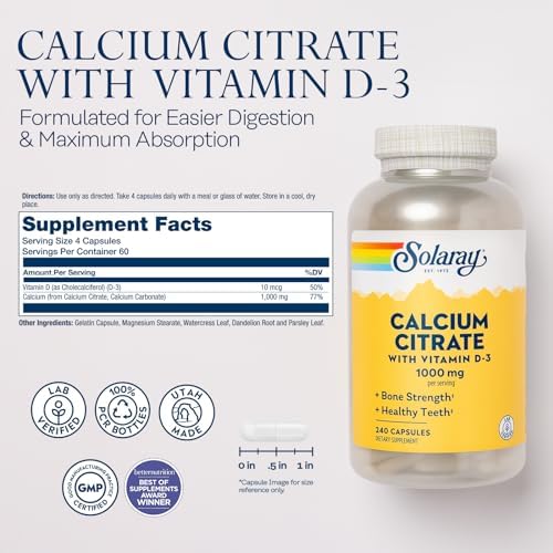 SOLARAY Calcium Citrate with Vitamin D3 1000 mg, 240 Capsules | Bone, Teeth, Muscle & Nerve Support - Gentle Digestion Formula - 60 Servings - Lab Verified