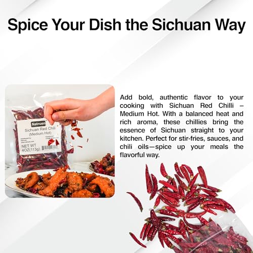 Natruen Dried Sichuan Red Chili Pods 4 oz, Medium Hot, Whole Chilies
