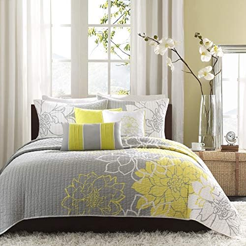 Madison Park Cotton Casual Floral Quilt Set, 6PC Full/Queen Coverlet | Channel Stitching Design, All Season, Lightweight Coverlet Bedspread Bedding, Shams, Decorative Pillows, Taupe Grey/Purple
