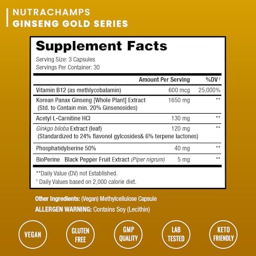 NutraChamps Korean Red Panax Ginseng Capsules | Extra Strength Ginsenosides for Energy, Focus, Performance, Vitality & Immune Support | Korean Ginseng Root Extract for Men (120)