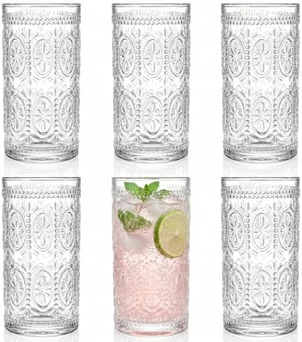 Bekith 6 Pack Romantic Drinking Glasses, 12 oz Highball Glasses, Thick Water Glasses, Tall Glass Cups for Beverages, Beer, Cocktail