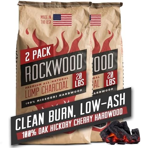 Rockwood Natural Lump Charcoal – Hardwood Lump Charcoal - 20 lbs, 1 Pack | Hardwood Lump Charcoal with Blend of Oak, Hickory & Cherry - Clean Burn, High Heat Grilling & Smoking - For Kettle & Kamado