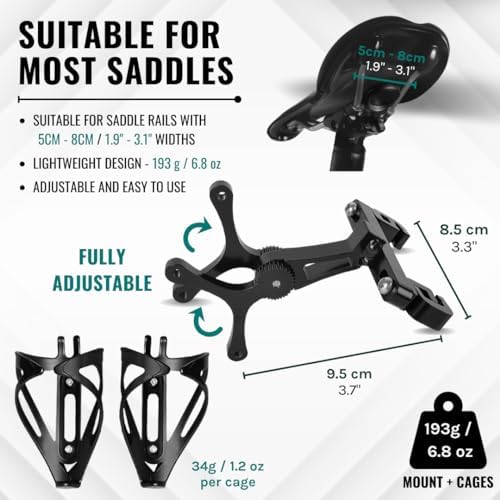 VeloChampion Universal Bike Water Bottle Holder Mount & 2 Cages, Standard | Rear Bike Saddle Bottle Cage Mount for Triathlon & Road Cycling. Holds 2 Bottles up to 750ml, Fits Saddle Rails 50-80mm