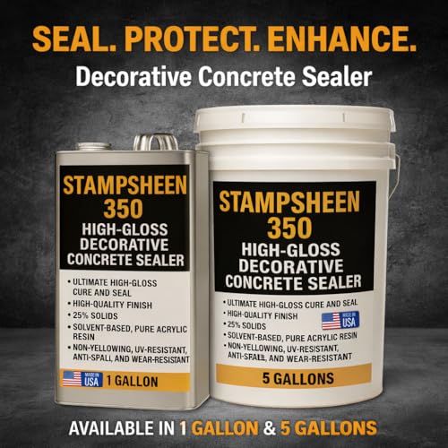 High Gloss Wet Look Decorative Concrete Sealer – Solvent-Based Acrylic Cure & Seal, UV-Resistant, Non-Yellowing Protective Film – Concrete & Paver Sealer for Outdoor Surfaces - Stampsheen 350 5gl