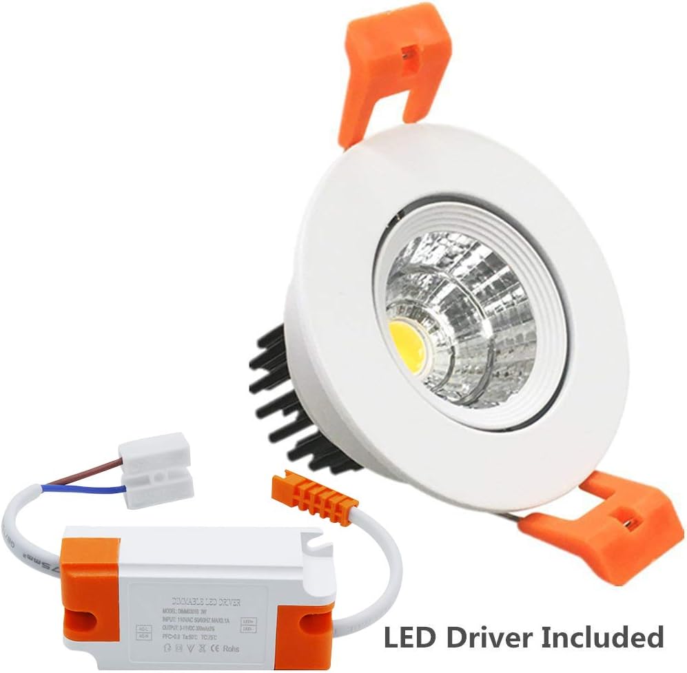 LightingWill 2inch LED Dimmable Downlight, 3W COB Recessed Ceiling Light, Warm White 3000K-3500K, CRI80, 25W 220LM Halogen Bulbs Equivalent, White (4 Pack)