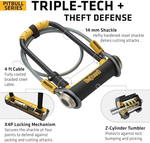 OnGuard Pitbull STD DT U-Lock with 4 ft Cable – 14 mm Hardened Steel Shackle (115 × 230 mm) – Quad Lock System for Bike Security –