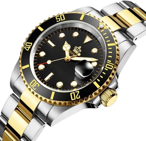 FANMIS Men's Two-Tone Stainless Steel Quartz Watch, Rotating Bezel and Date | Green Dial, Luminous Hands and Markers, Magnified Date Window, Fold-Over Safety Clasp, 30M Water Resistant for Everyday Wear.