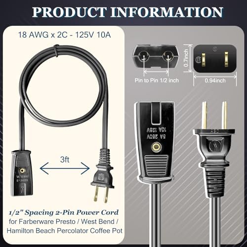 3ft Long 2 Pin 1/2 Inch Spacing Power Cord for West Bend Slow Cooker 84114 84124 Models Electric Cord - Also for Many Rice Cookers and Other Small