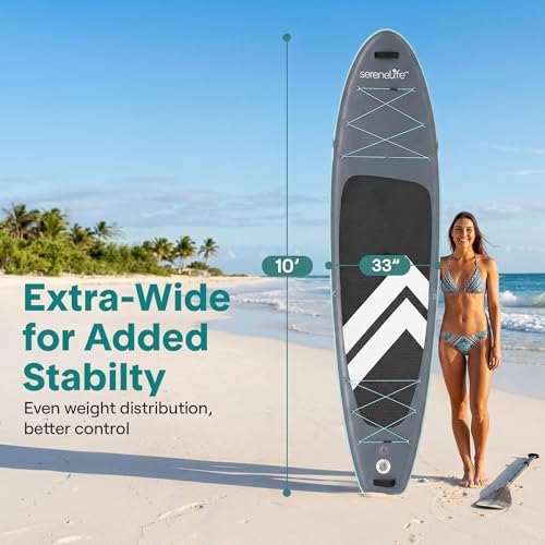 SereneLife 10’ Inflatable Stand Up Paddle Board with Premium SUP Accessories - Wide Stable Design with Non-Slip EVA Deck Pad, for Youth and Adults, 350 lbs. Capacity
