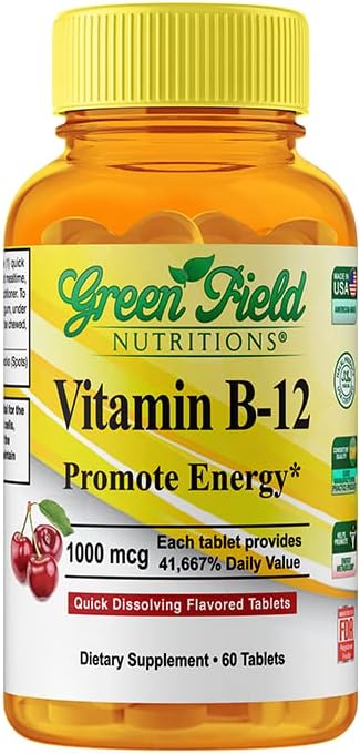 Greenfield Nutritions Halal Vitamin B12 1000mcg - Cherry Flavored Fast Absorption 60 Sublingual B12 Tablets - Natural B12 Halal Vitamins