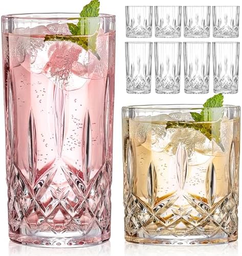 Qipecedm Drinking Glasses, 8 Piece Crystal Glass Cups, Mixed Glassware Set, 4 pcs Crystal Old Fashioned 11oz Highballs and 4 pcs 11oz Whiskey Glasses
